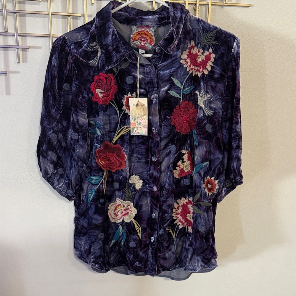 Johnny Was Navy Velvet Floral Embroidered Button-Down Blouse